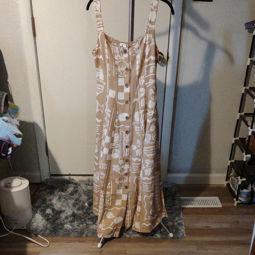 Blu Pepper Khaki Patterned Midi Sundress Dress Size M